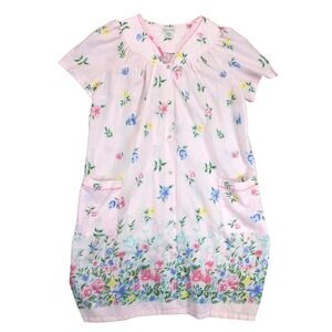 Vintage Elegant Emily Pink Floral Gown Womens Sz‎ 1X Quilted Pockets Housecoat